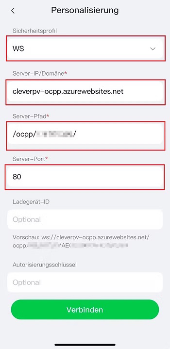 Serverdaten eintragen und verbinden