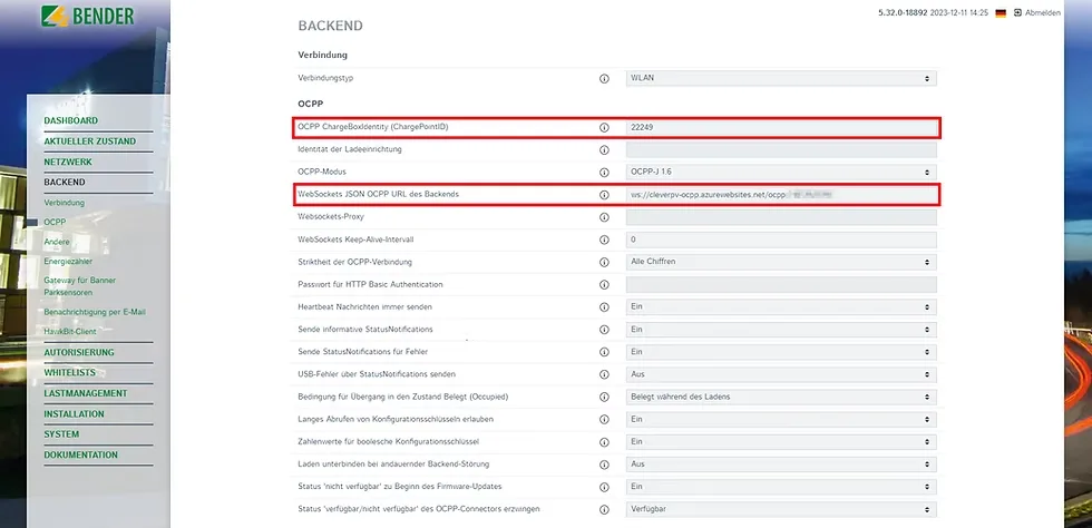 OCPP-URL im Controller hinterlegen