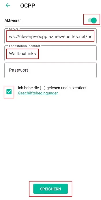 OCPP-URL eintragen und speichern