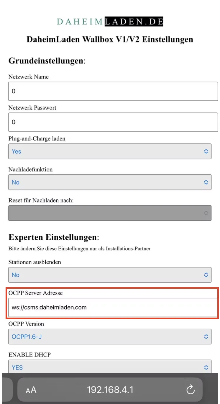 Serveradresse in der Wallbox eintragen