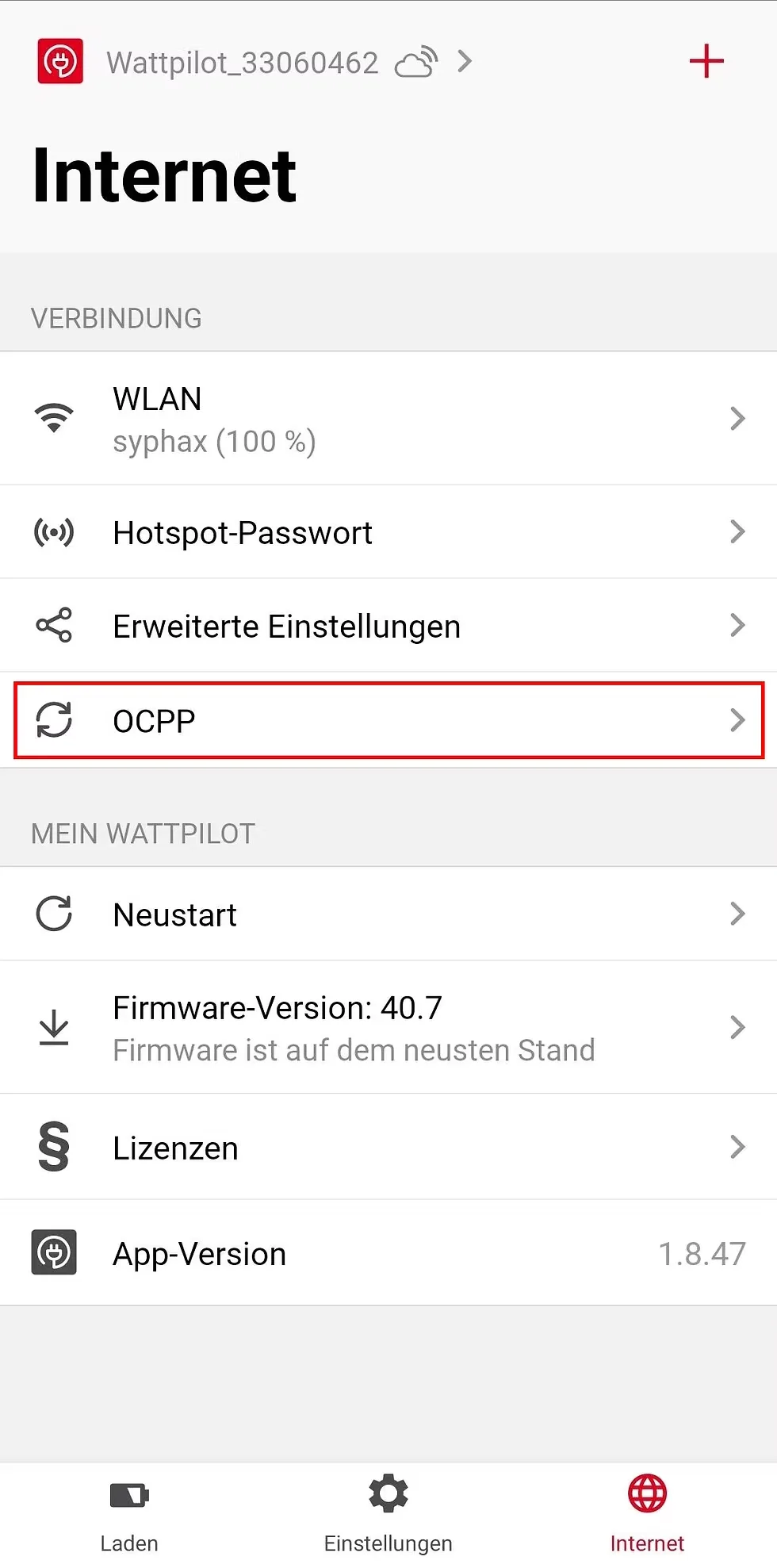 OCPP in der Solar.Wattpilot App aktivieren