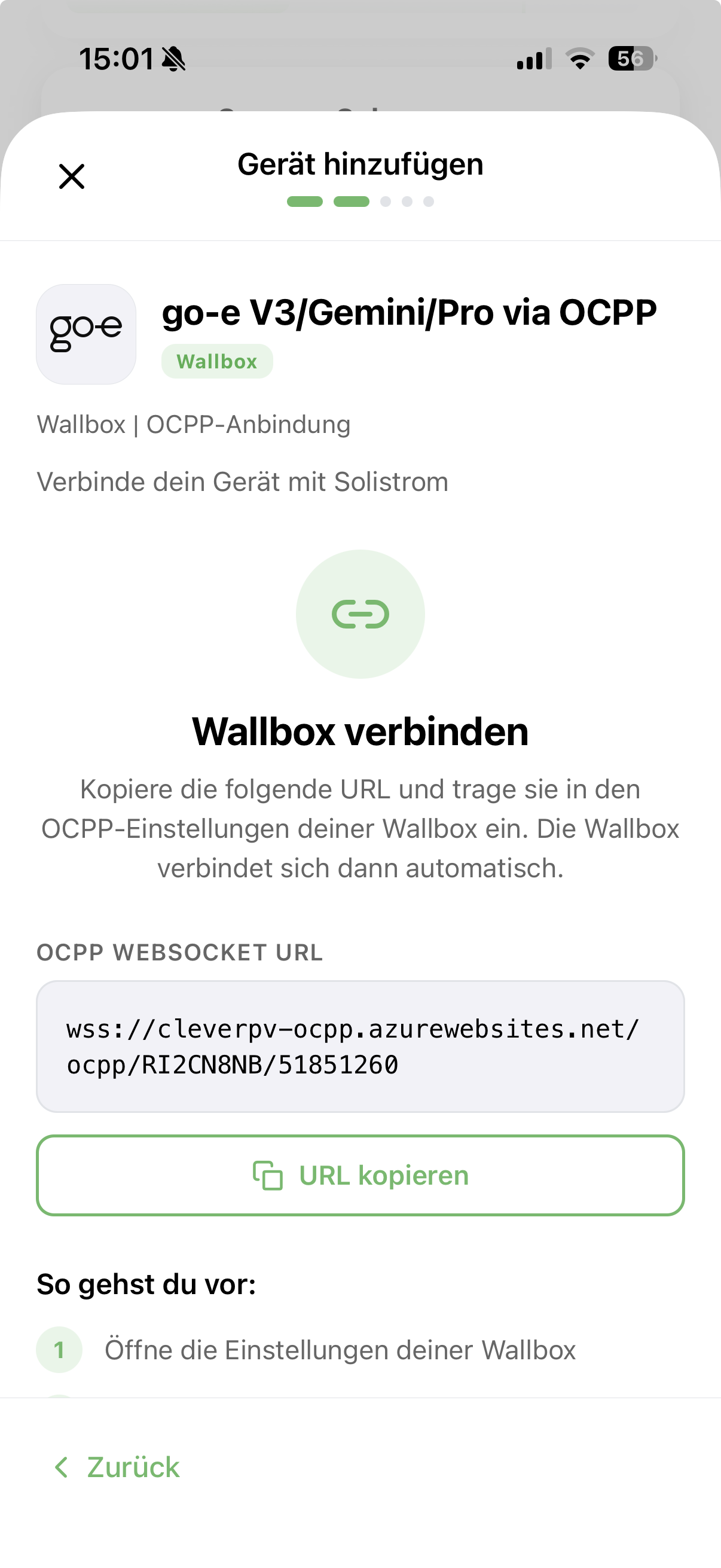 OCPP-URL in der Solistrom-App kopieren