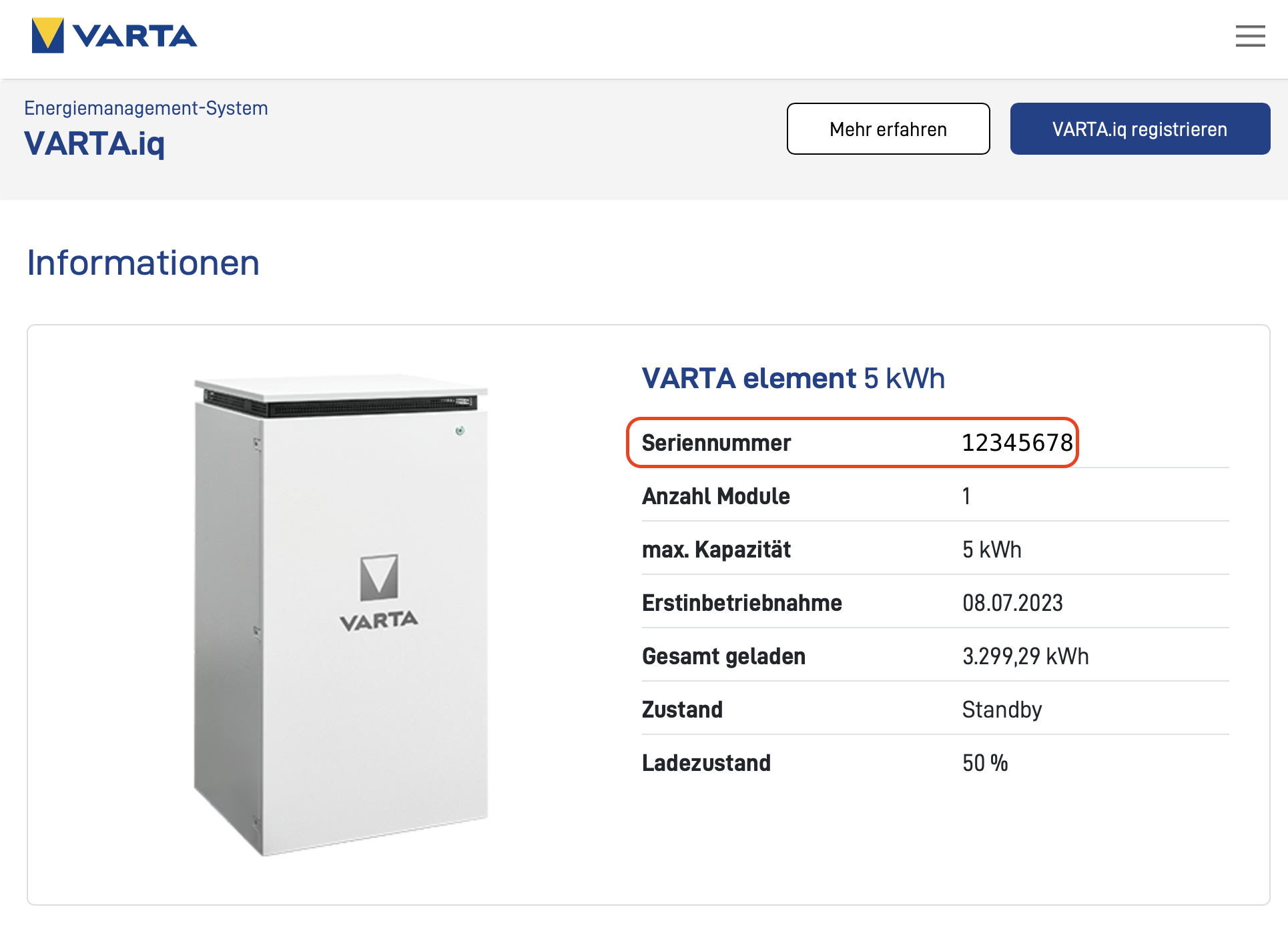 VARTA Seriennummer finden