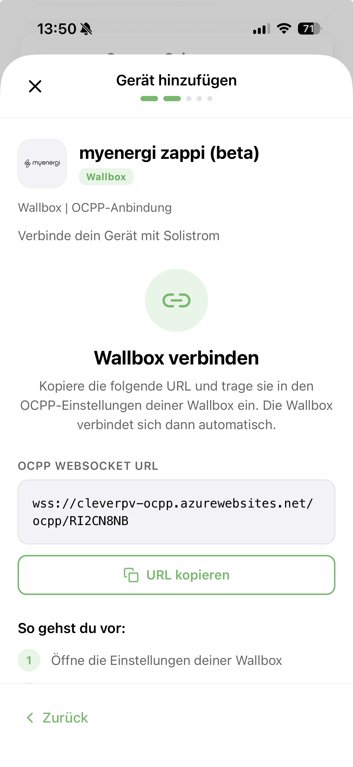 OCPP-URL in der Solistrom-App kopieren