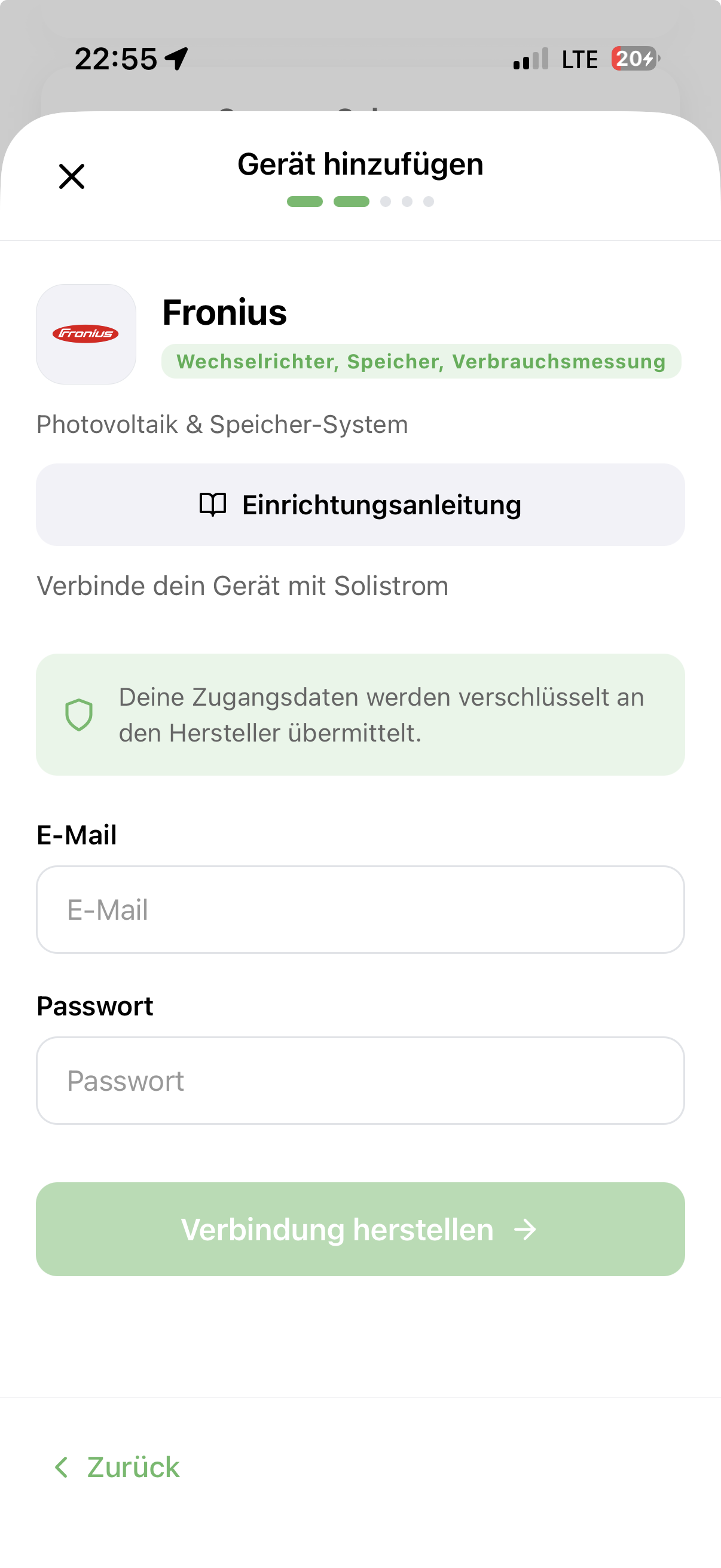 Solar.web-Zugangsdaten in Solistrom eintragen