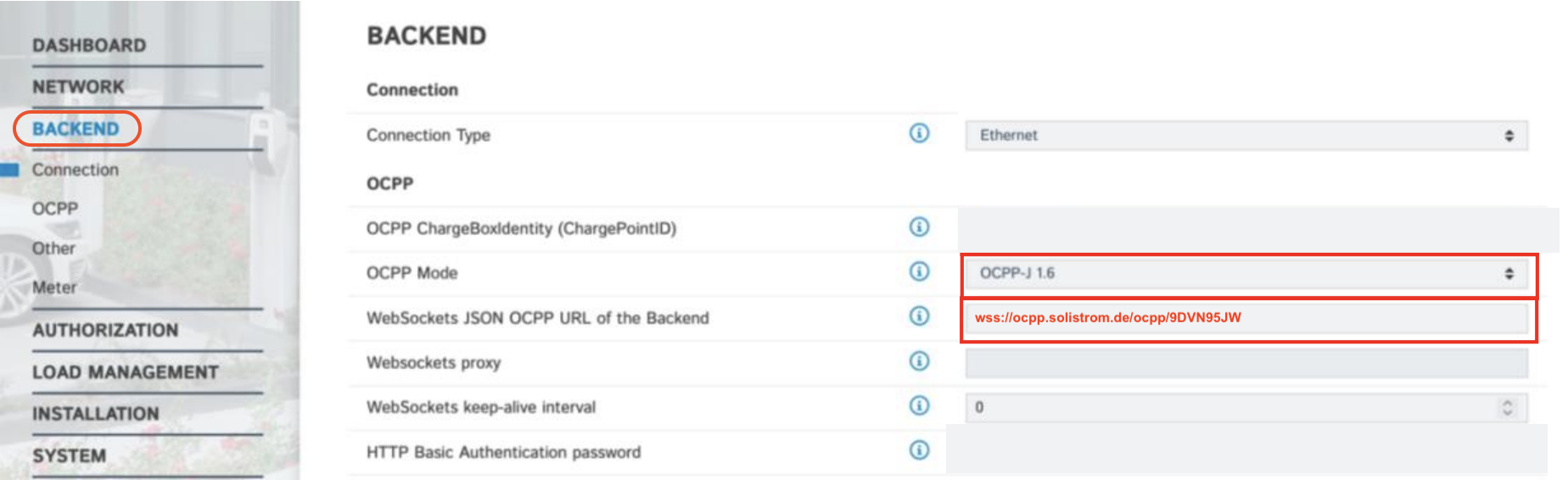 OCPP-URL eintragen