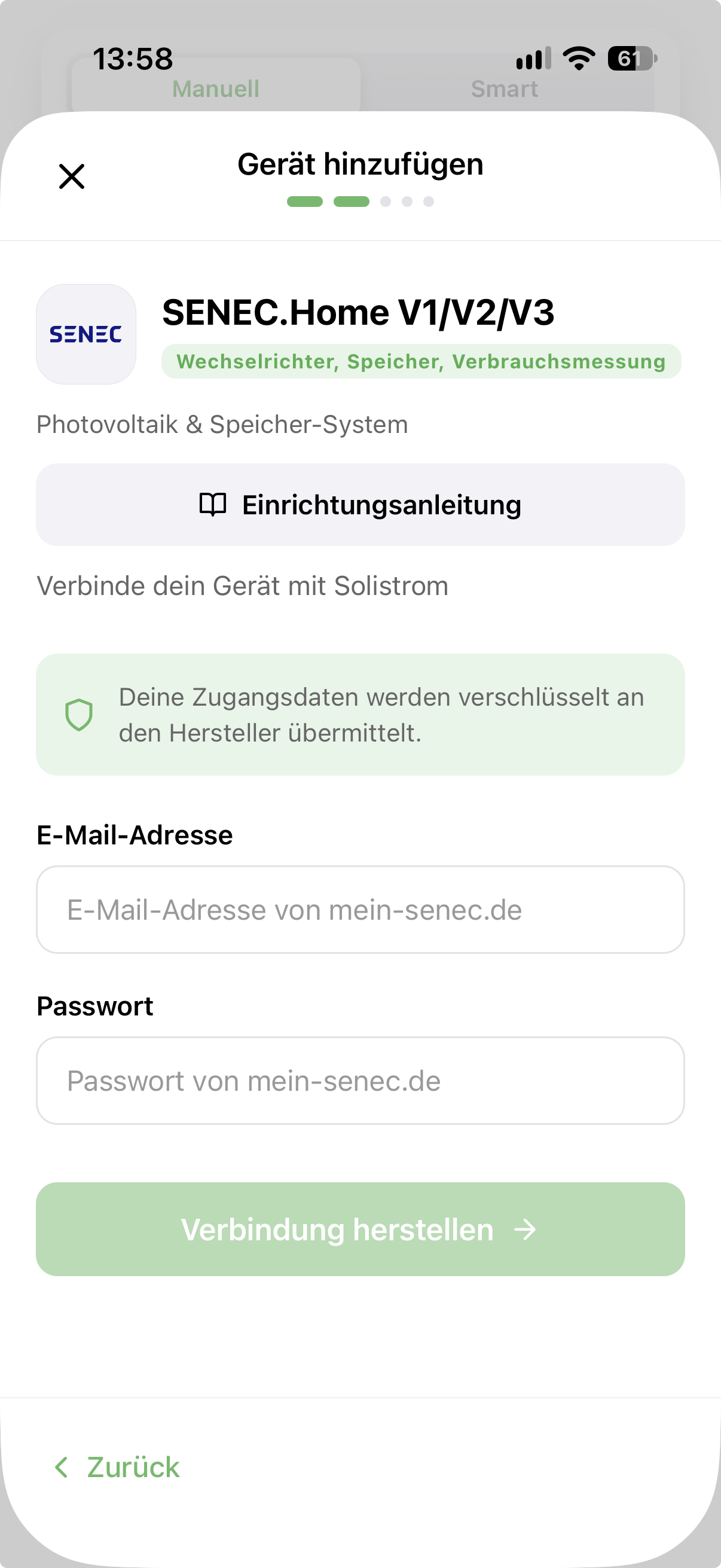 Zugangsdaten aus „Mein SENEC" eintragen